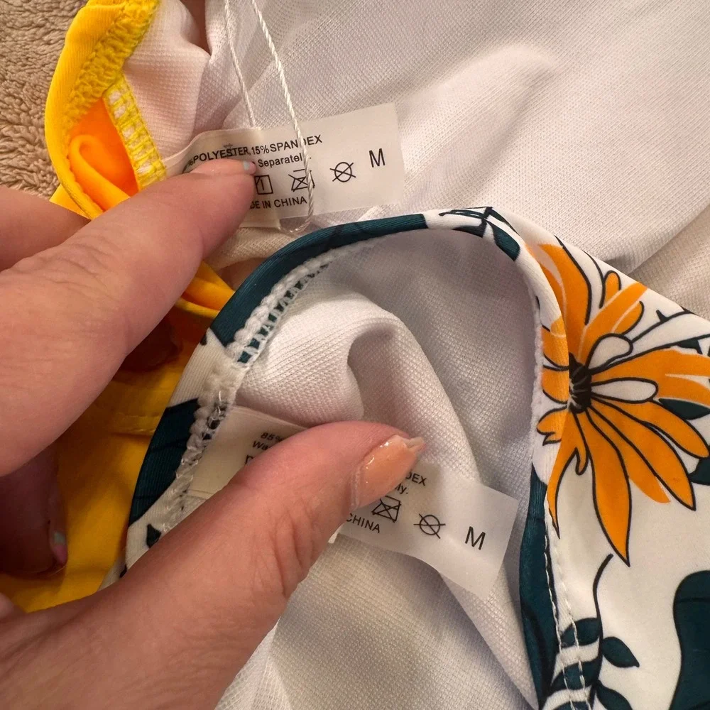NWT Yonique Yellow‎ Ruched Halter Tankini High Waist Floral Bikini Swimsuit Sz M